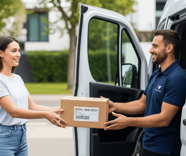 Isle Store staff member collecting boxes from a customer on the Isle of Wight.