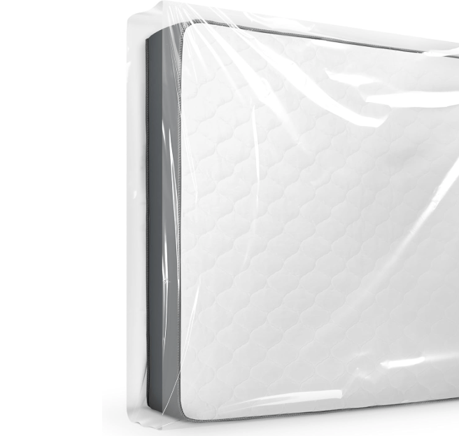 A double mattress fully enclosed and sealed within a durable, water-resistant protective cover, ready for moving or storage