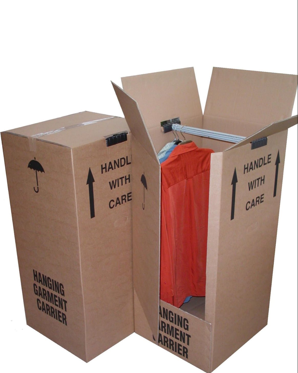 A tall, professional wardrobe moving box with an internal hanging rail, used to keep clothes crease-free during a move