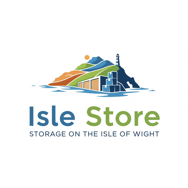 Logo for Isle Store with storage units in cowes isle of wight , mountains, and a lighthouse on a white background 