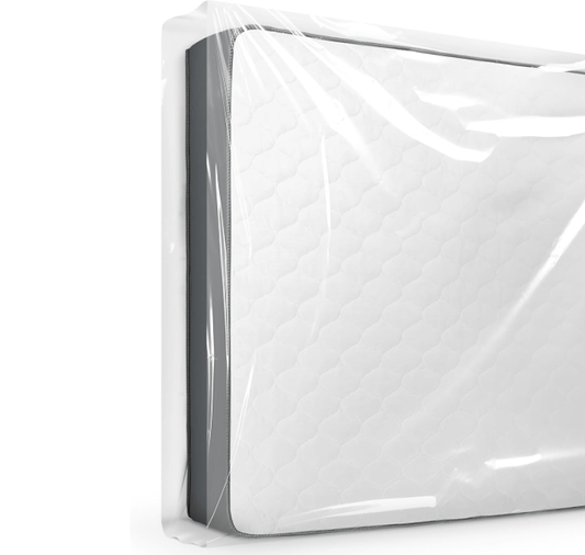 A double mattress fully enclosed and sealed within a durable, water-resistant protective cover, ready for moving or storage