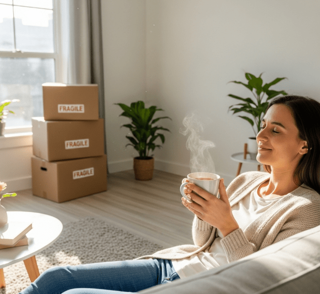 A happy woman relaxing in her tidy Isle of Wight home after using the Isle Store By the Box storage service.