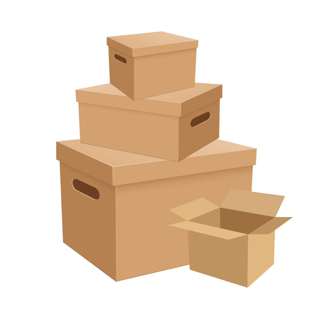 A group of three professional, double-walled packing boxes from Isle Store: a small, a large, and a tall wardrobe box.