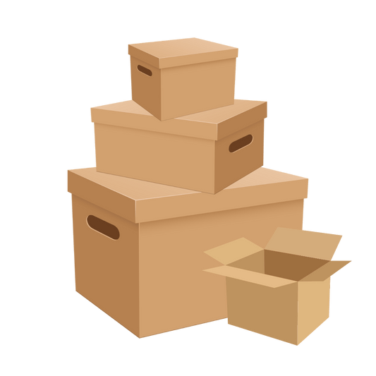 A group of three professional, double-walled packing boxes from Isle Store: a small, a large, and a tall wardrobe box.