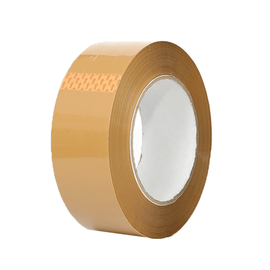 A roll of professional, heavy-duty brown packing tape, used for securely sealing moving and storage boxes.